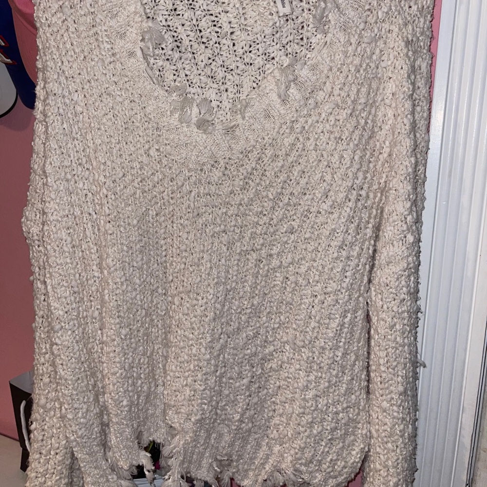 Cream Distressed Long Sleeve Sweater
